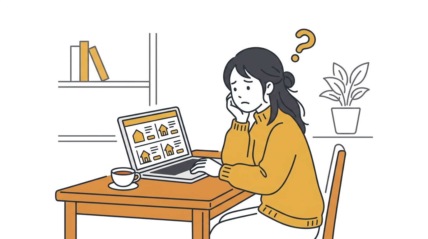 賃貸情報サイトを見て不安そうな表情の20代女性