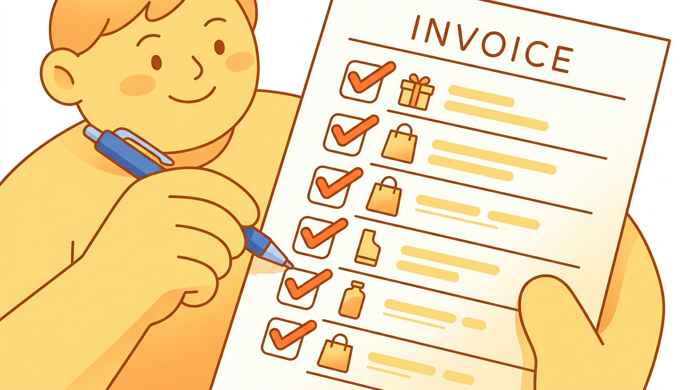 費用項目の明細書・請求書をチェックしている場面のイラスト
