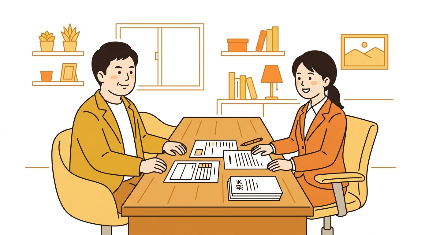 不動産会社のカウンターで書面を前に冷静に交渉している人物