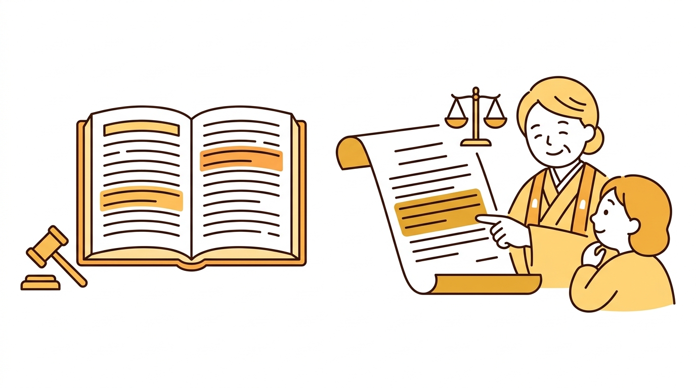 法律の本・六法全書と宅建業法の条文が開かれているイラスト